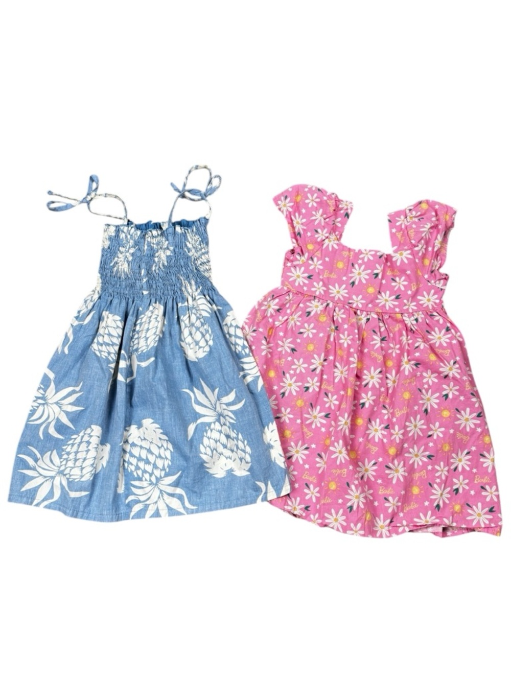 2 Dresses Barbie Pink Floral & RJC Blue Pineapple Hawaiian Sun Dress Size 4/5 6